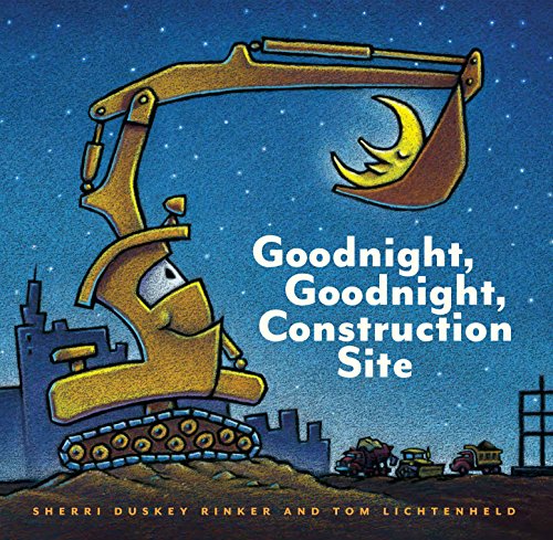 A smiling excavator holds a crescent moon in its bucket against a starry sky.