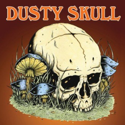 Skull illustration with mushrooms, on a textured orange background.