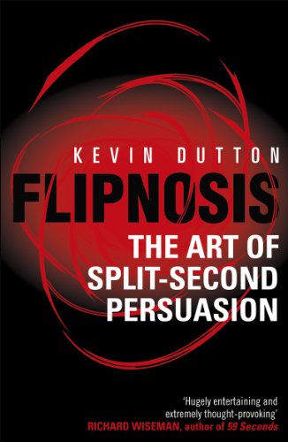 Book cover for Flipnosis by Kevin Dutton with red swirling lines on black background.