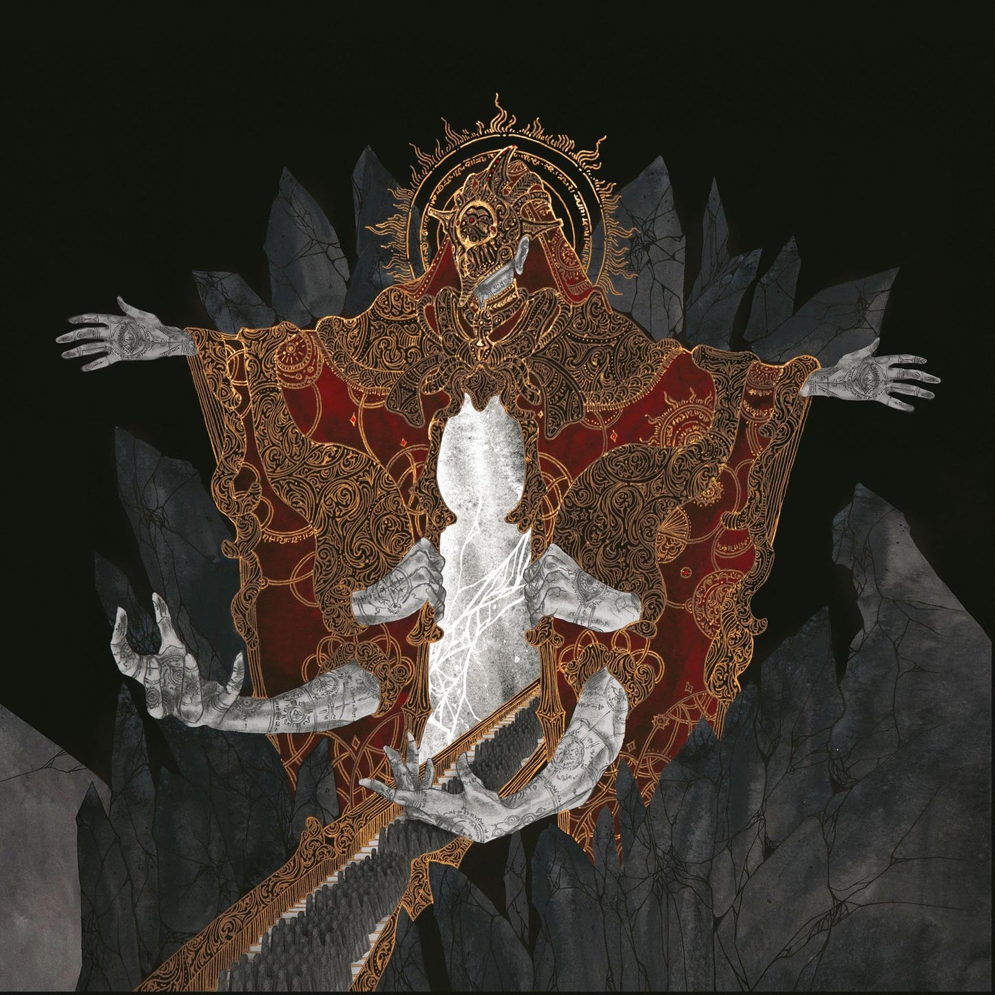 Ornate figure with multiple arms in a red and gold robe against dark rocks.
