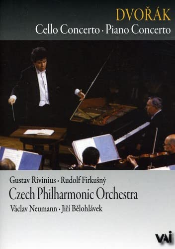 DVD cover for Dvořák's Cello and Piano Concertos featuring the Czech Philharmonic Orchestra.