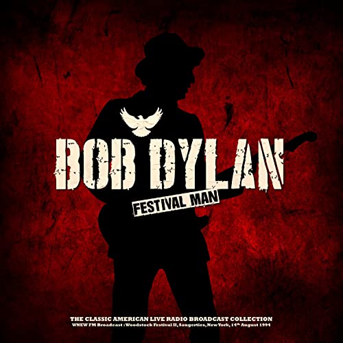 Bob Dylan silhouette with guitar and wings against a red, textured background.