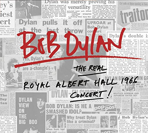 CD cover with red "Bob Dylan" text over vintage newspaper clippings background.
