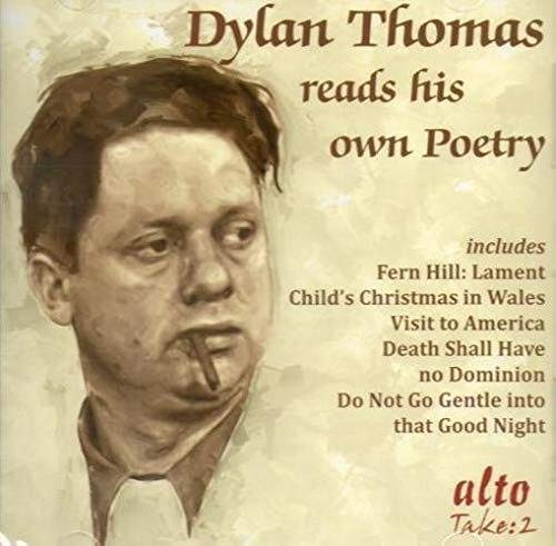 Sepia-toned CD cover featuring a portrait of Dylan Thomas with poetry titles listed.