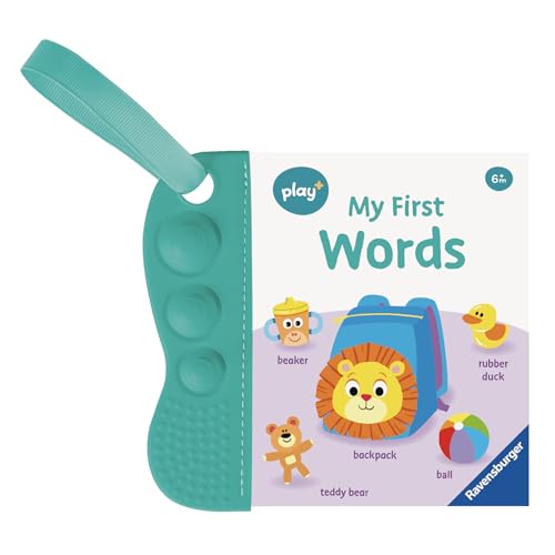 Soft book with handle, illustrations of toys, and text "My First Words.