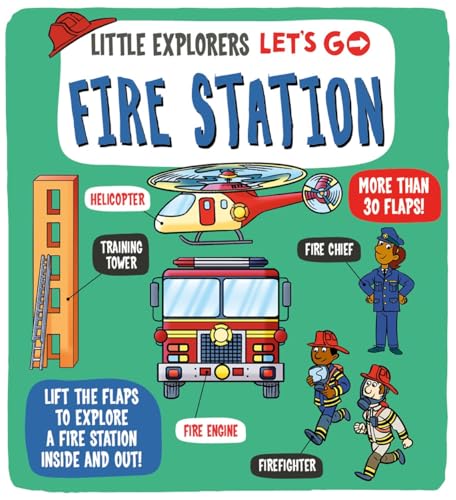 Book cover showing a fire engine, helicopter, training tower, and firefighters on green background.