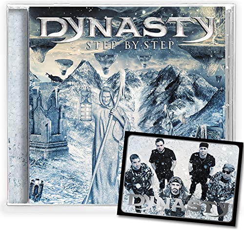CD case for "Dynasty - Step By Step" with fantasy landscape and band photo.