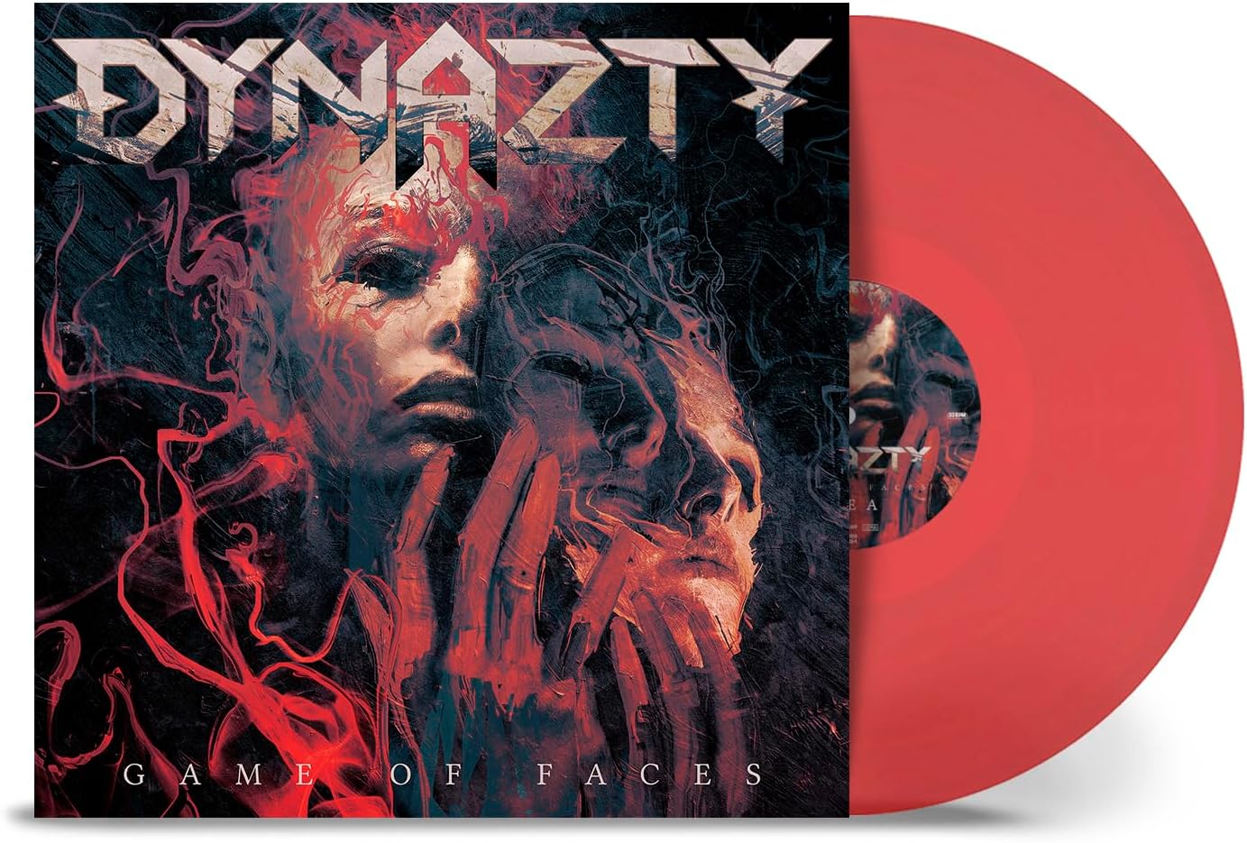 Dynazty Game of Faces vinyl record cover featuring surreal faces and a red disc.