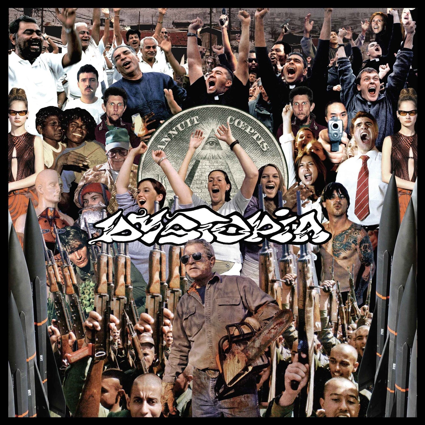Album cover with a crowd, weapons, and the word "Dystopia" in large letters.
