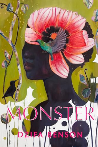 A dark-skinned woman with a large pink flower and hummingbird on her head.