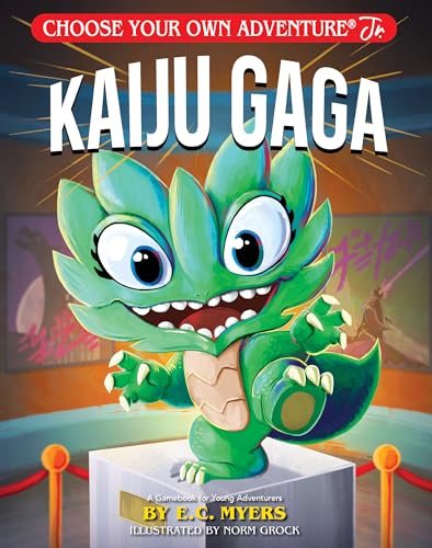 Green cartoon monster with large eyes stands on a pedestal.