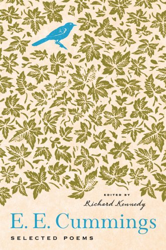Book cover for Selected Poems by E. E. Cummings with a blue bird and leaves.