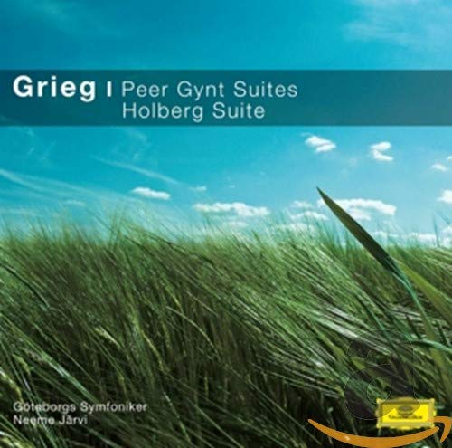CD cover for Grieg’s Peer Gynt and Holberg Suites, blue sky background.