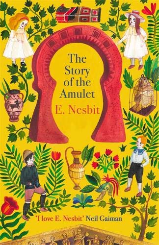 Book cover with children, antiquities, and a large red keyhole shape.