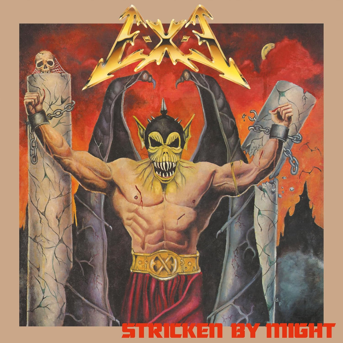 Album cover showing a winged, skeletal creature chained to stone pillars against red sky.
