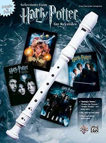 Harry Potter" recorder songbook with a white plastic recorder laying across it.