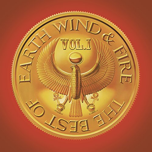 A gold coin featuring an Egyptian falcon design on a solid red background.