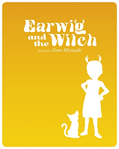 Yellow steelbook cover for "Earwig and the Witch" featuring white silhouettes.