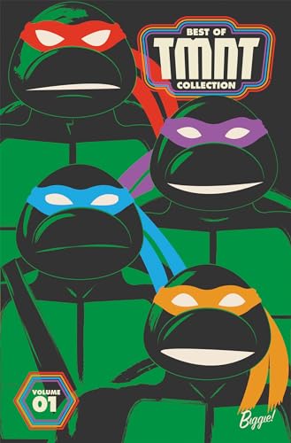 Four Teenage Mutant Ninja Turtles with colored headbands on a green background.