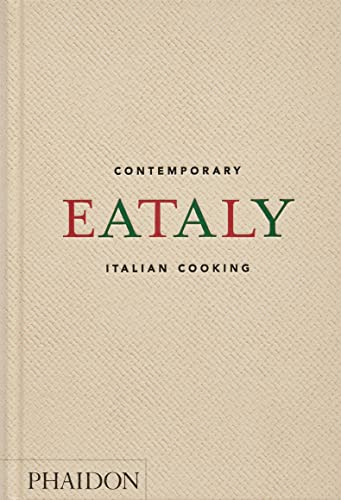 Beige cookbook cover with red and green "Eataly, Italian Cooking" title.