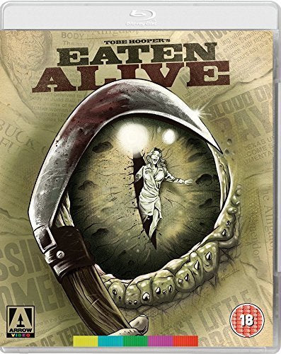 “Eaten Alive” Blu-ray cover: a large scythe with a woman inside an eye.