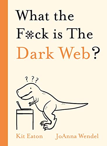 Book cover with title and cartoon dinosaur using a laptop.