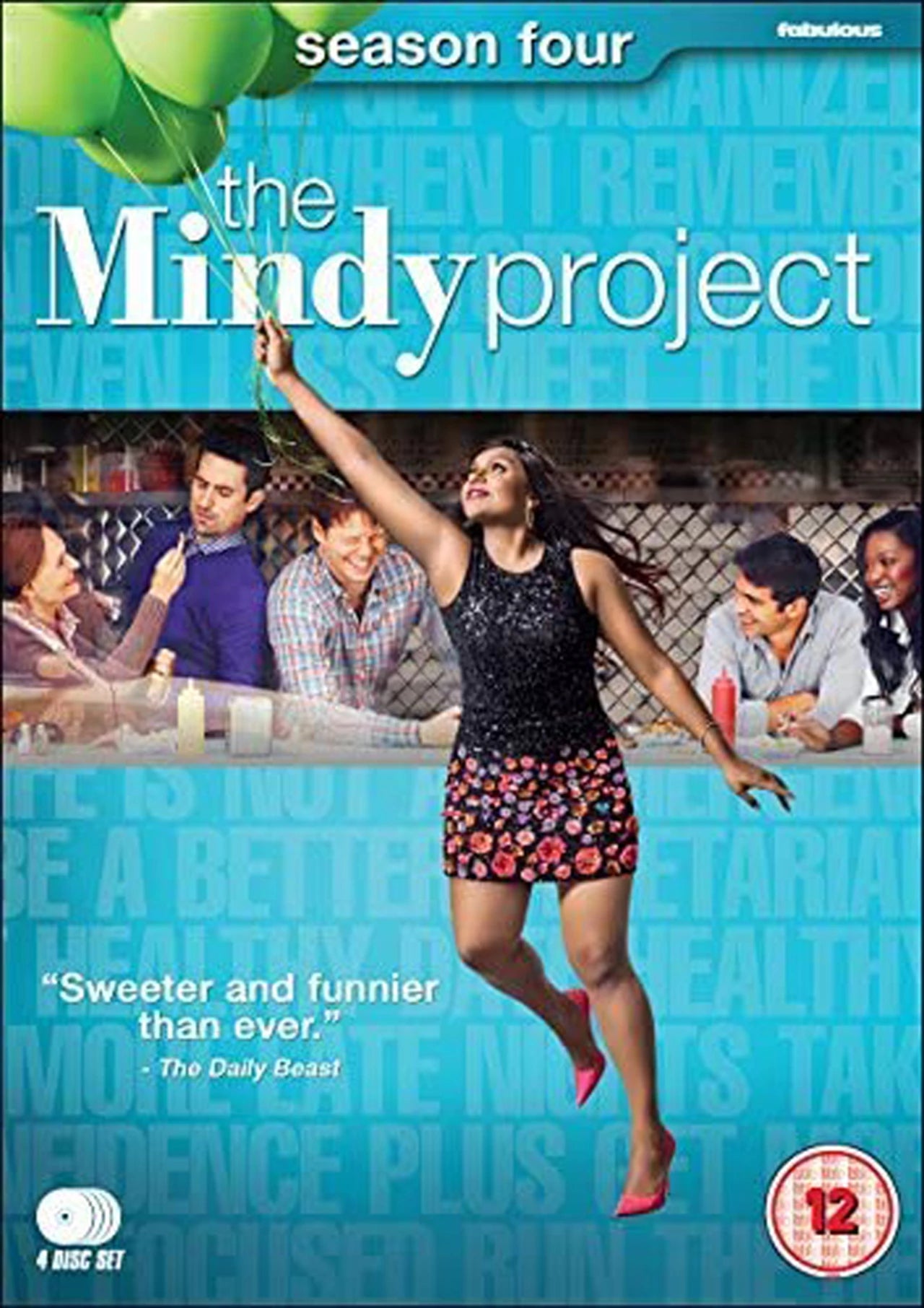 DVD cover for "The Mindy Project" Season 4, featuring a woman jumping with green balloons.