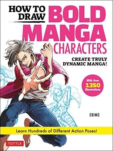 Book cover: “How to Draw Bold Manga Characters” with action pose illustration.