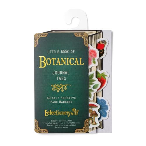 Green journal tabs with botanical illustrations, hanging from a white hook.