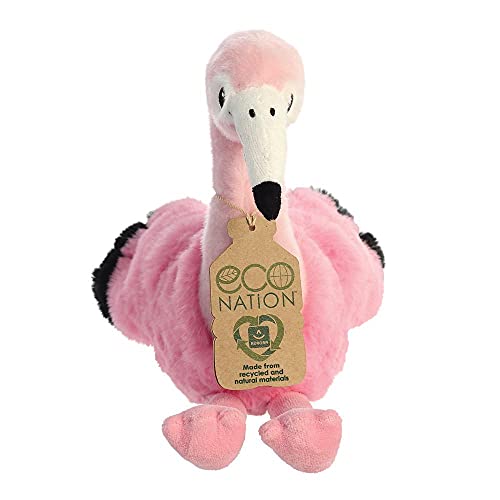 Pink flamingo plush toy with a brown tag and black wing tips.