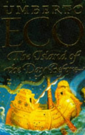 Book cover: “Island of the Day Before” with a golden ship at sea.