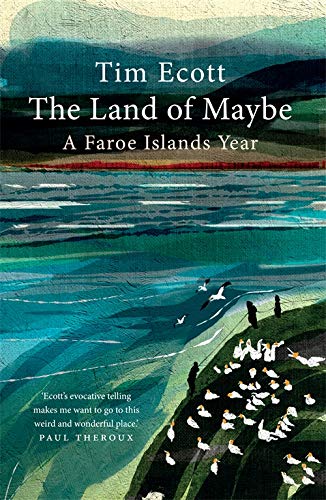 Book cover: Painted landscape of Faroe Islands with birds and people.