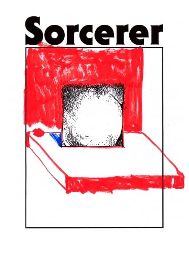 Book cover, “Sorcerer”, with abstract black and red ink drawing.