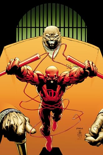 Daredevil in red suit leaps forward while the Kingpin looms in the background.