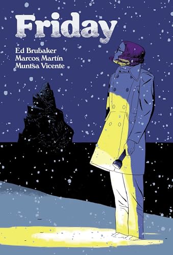 A person in a coat holds a flashlight in the snow at night.