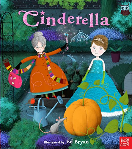 Cinderella in a blue gown and a fairy godmother in a garden with pumpkin.