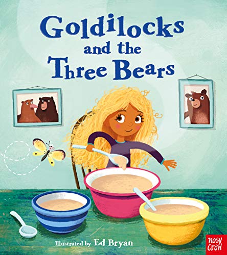 Goldilocks eating porridge with three bears pictured on the wall.