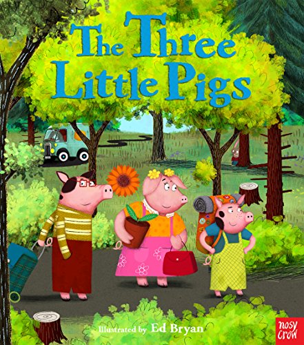Book cover showing three anthropomorphic pigs walking on a path in a forest.