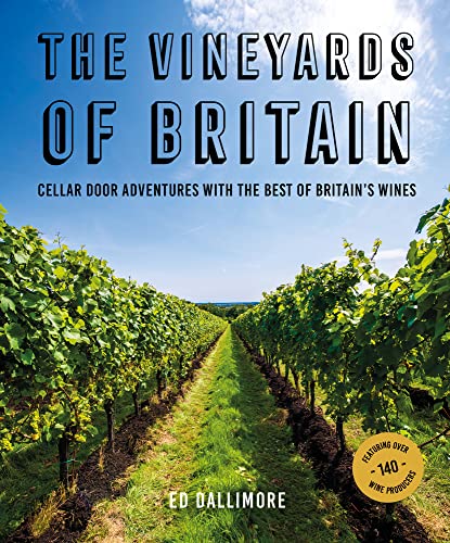 Book cover with wine grapes, vineyards, or a castle, featuring British wine bottles inside.