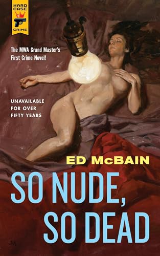 Vintage crime novel cover: nude woman with a lightbulb, red background.