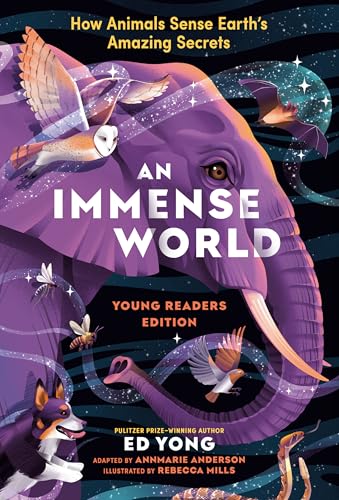 Book cover featuring an elephant, birds, and other animals in purple tones.