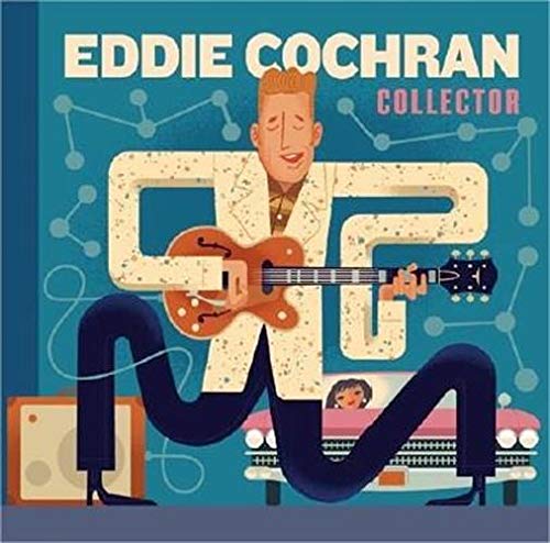 Illustrated CD cover of Eddie Cochran playing guitar, with retro design elements.