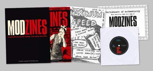 Modzines book set featuring a black-and-red cover, fanzine insert, certificate, and vinyl record.