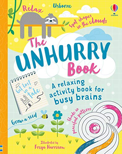Yellow book cover with sloth, flowers, and colorful activity illustrations.
