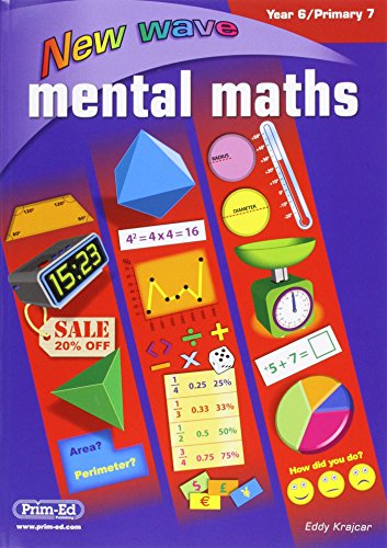Front cover of New Wave Mental Maths Year 6/Primary 7 workbook with math illustrations.