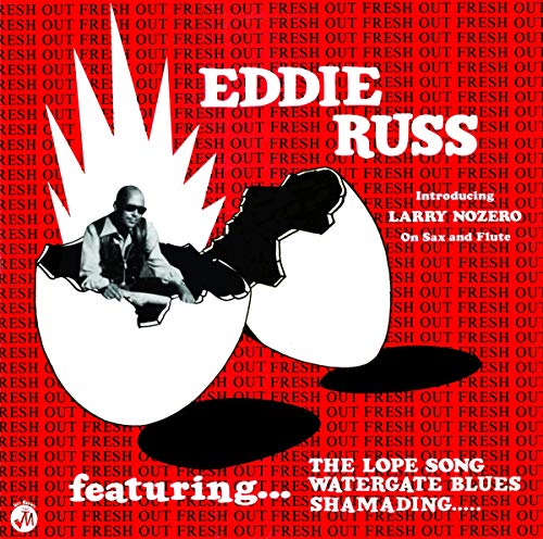 Red album cover with white text "Eddie Russ" and man emerging from egg.
