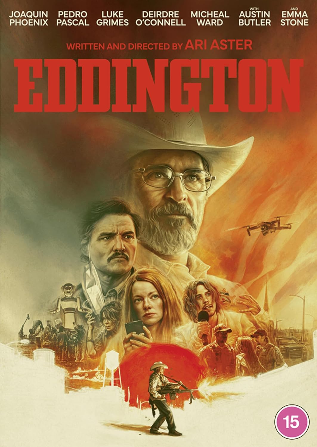 “Eddington” DVD cover featuring a group portrait with a cowboy and tense expressions.