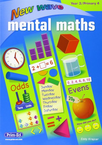 Front cover of New Wave Mental Maths Year 3 workbook featuring various educational math illustrations.