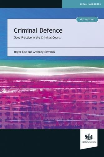 Book cover: "Criminal Defence, 4th edition" with pink and blue abstract design.