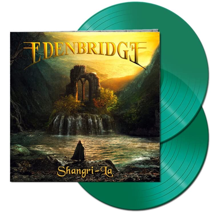 Two green vinyl records with a fantasy landscape album cover.